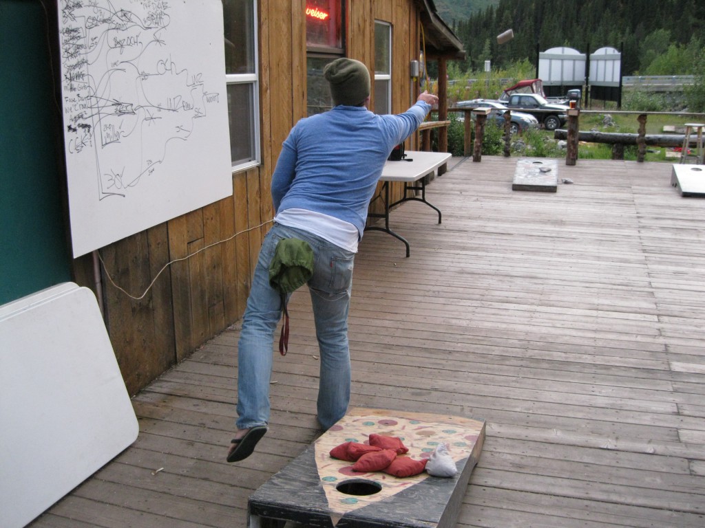 Playing Cornhole at the Panorama Pizza Pub just outside Denali National Park