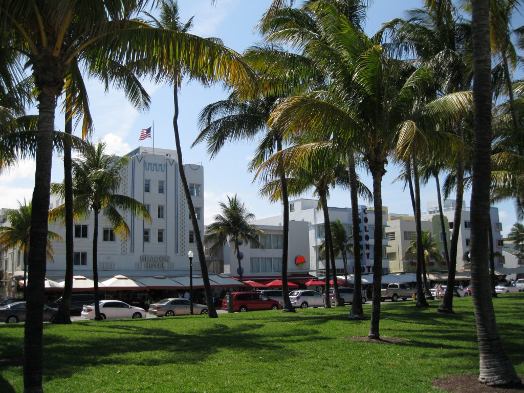 View of the Beacon Hotel and the Colony Hotel at Ocean Drive from Lummus Park