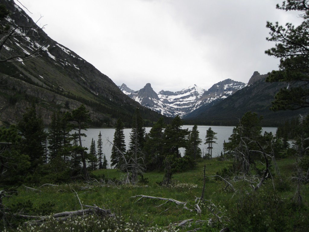 Cosley Lake. Mount Kipp to the left, Pyramid Mountain in the middle and Cathedral to the right.