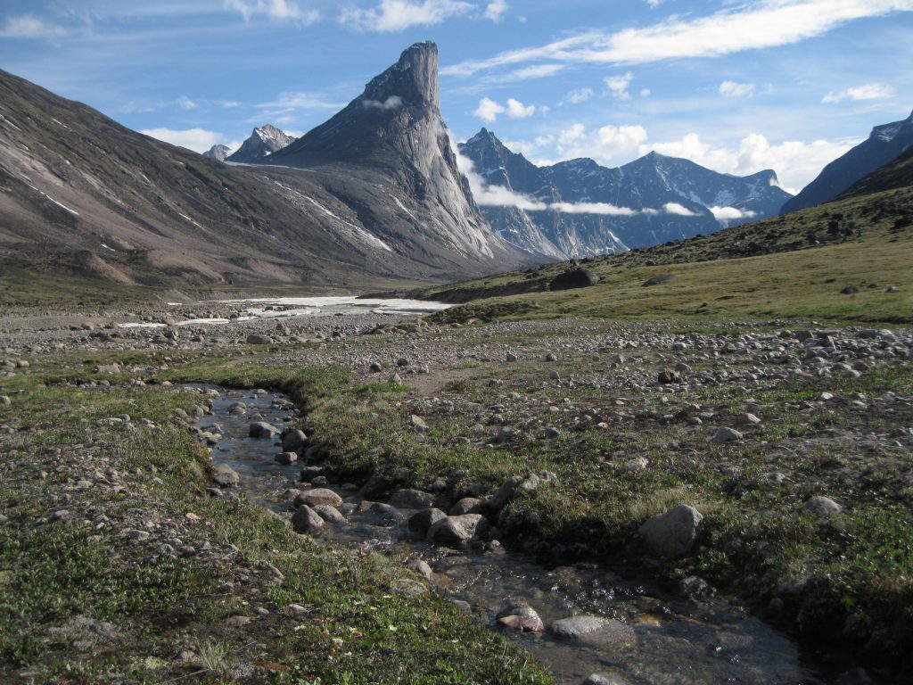 Mount Thor, the Weasel River and Akshayuk Pass and stream just before the moraine at Half Mile Creek