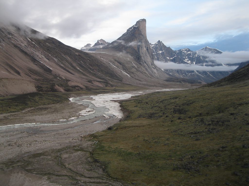 Mount Thor, the Weasel River and Akshayuk Pass seen from the very top of the moraine at Half Mile Creek