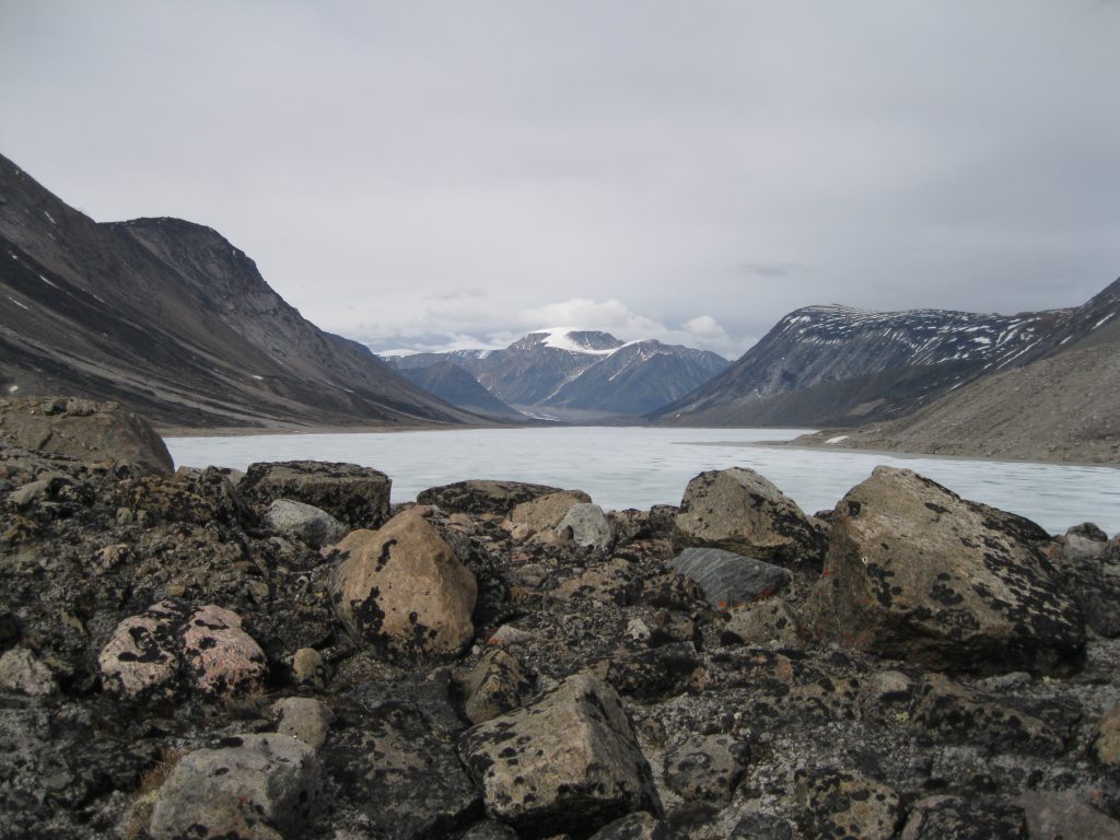 Highway Glacier in the centre, Mount Battle to the right at Summit Lake fronted by boulders