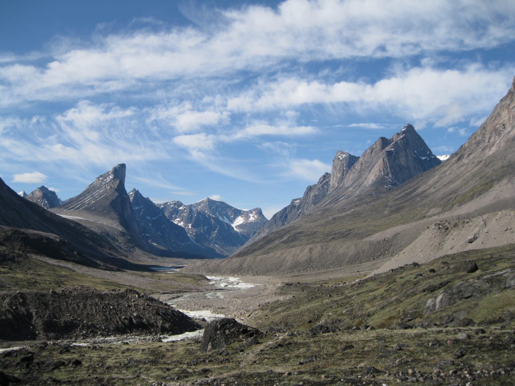 Mount Thor to the left, the Weasel River in the centre and Mount Northumbria to the right