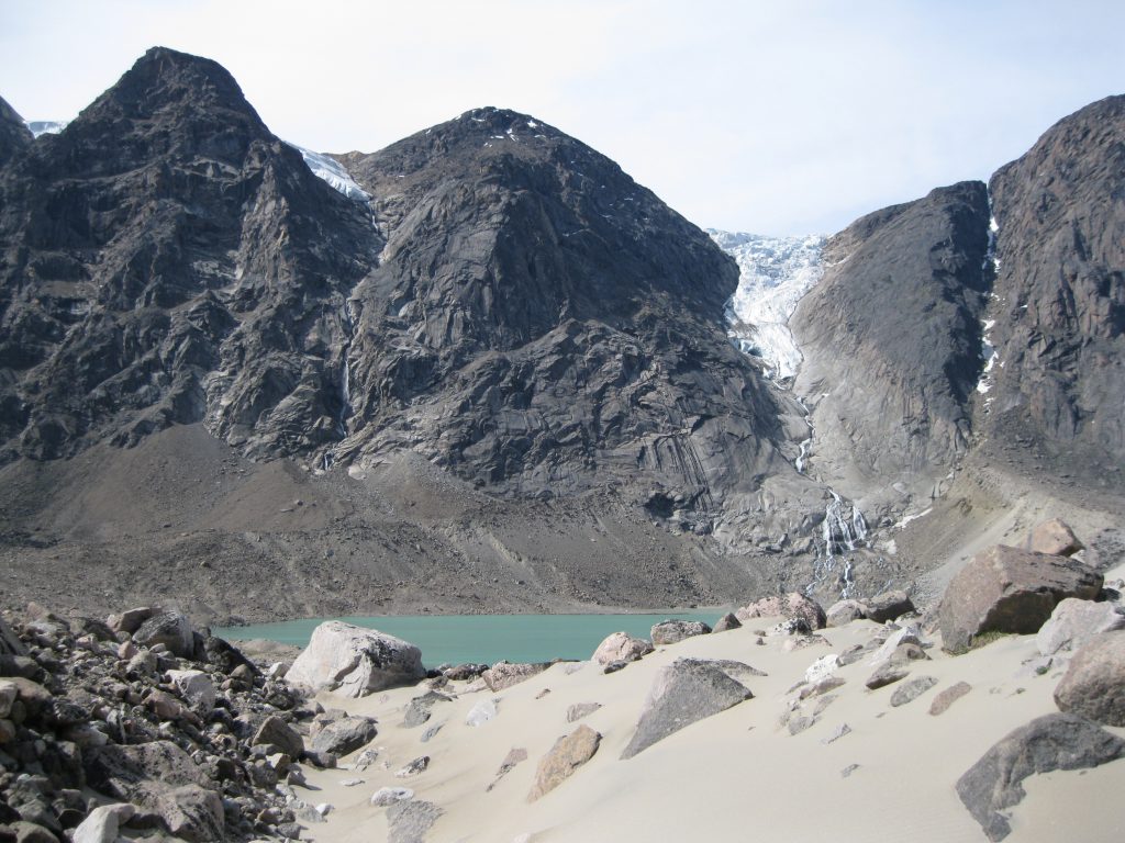 Tumbling Glacier and Crater Lake fronted by Moraine and Sand Dunes