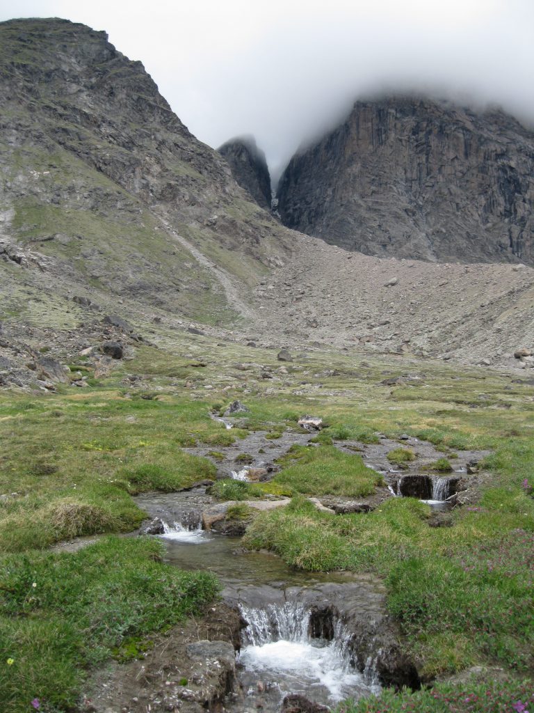 Cascades with peaks at Windy Lake as the backdrop